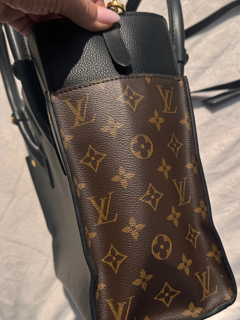 Louis Vuitton Black Leather Satchel with Monogram Side Panels and Gold Hardware